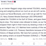 ट्रंप का दावा:अमेरिका ने जब्त किया ईरानी मालवाहक जहाज, होर्मुज के पास घेराबंदी तोड़ने की कर रहा था कोशिश – Trump Says Us Seized Iranian-flagged Cargo Ship Near Strait Of Hormuz That Tried To Pass Blockade